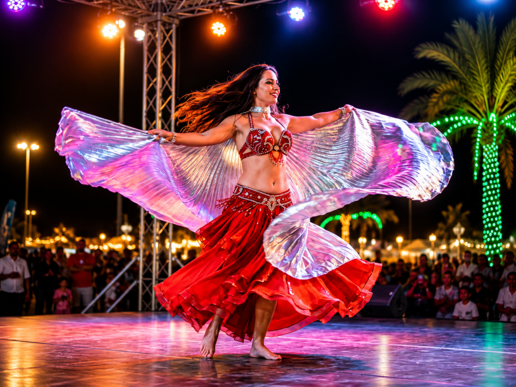 Belly dance performance at Dubai Desert Safari camp with BBQ dinner and live entertainment show.