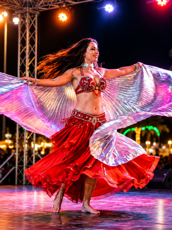 Belly dance performance at Dubai Desert Safari camp with BBQ dinner and live entertainment show.
