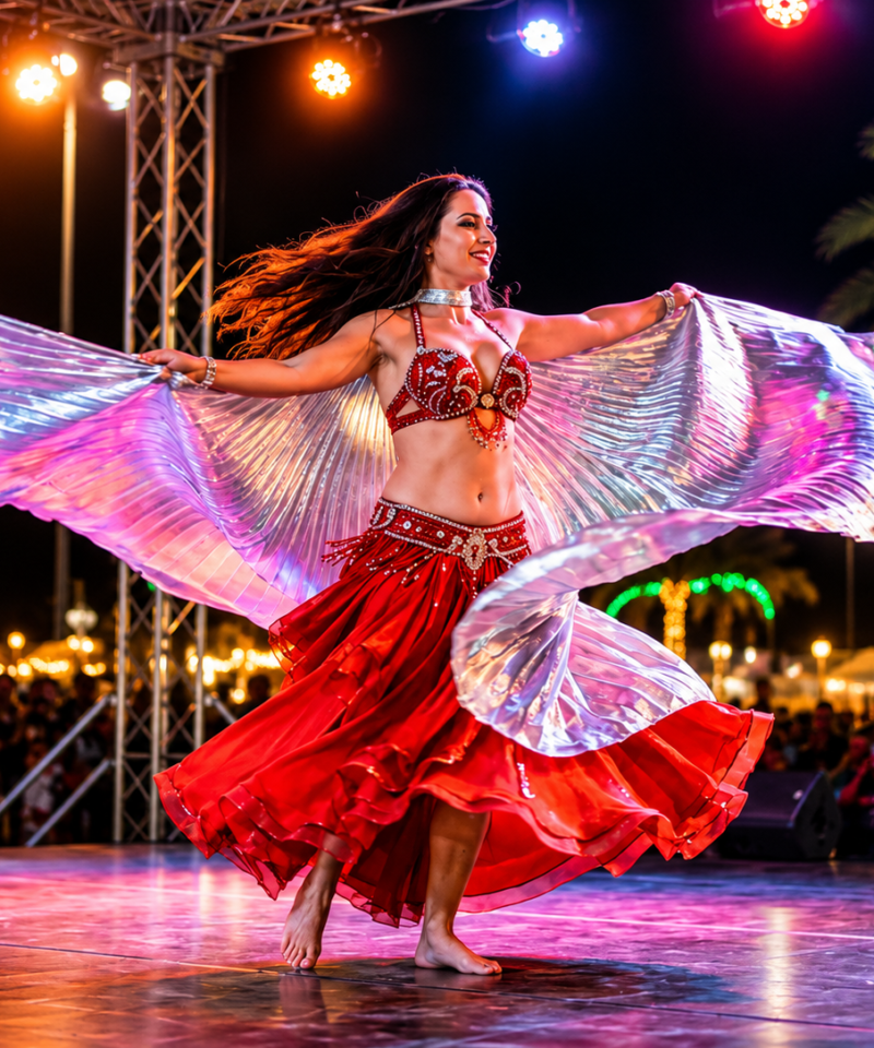 Belly dance performance at Dubai Desert Safari camp with BBQ dinner and live entertainment show.